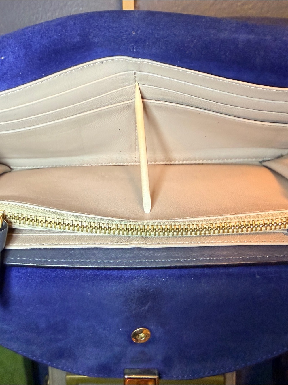 Chloe Navy and Gray Leather Double Flap Suede Wallet with Gold Hardware - Picture 13 of 14